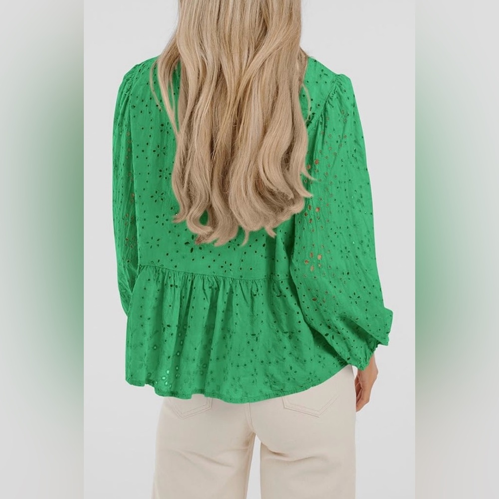 Green Babydoll Eyelet Top | Long Sleeve & Tie, Button Front | Cotton | L | New